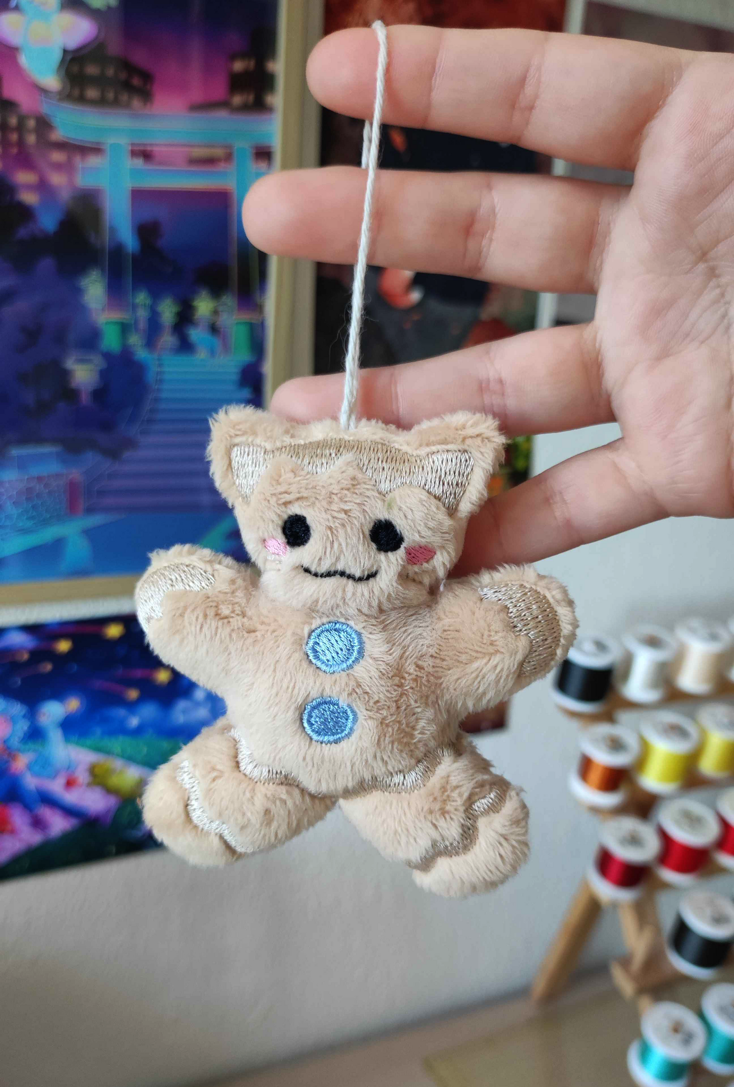 Chat-pain d'épice bleu ciel | Ornament décoratif (fil long)