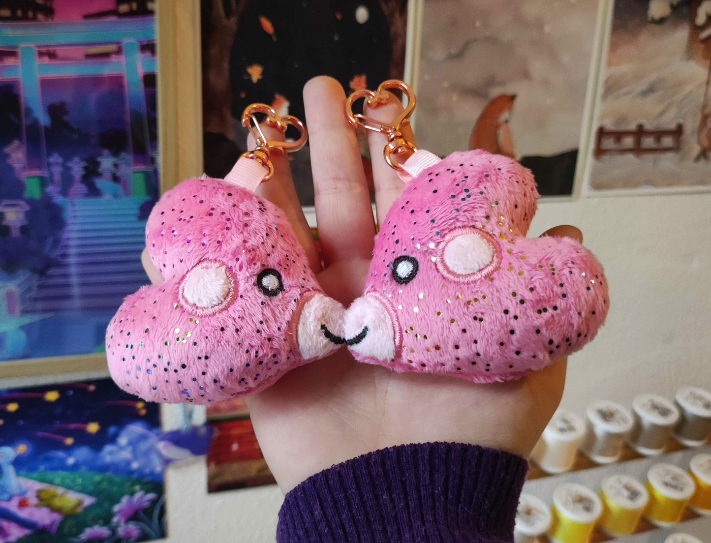 Duo poissons cœur rose - DEUX Porte clés aimantés